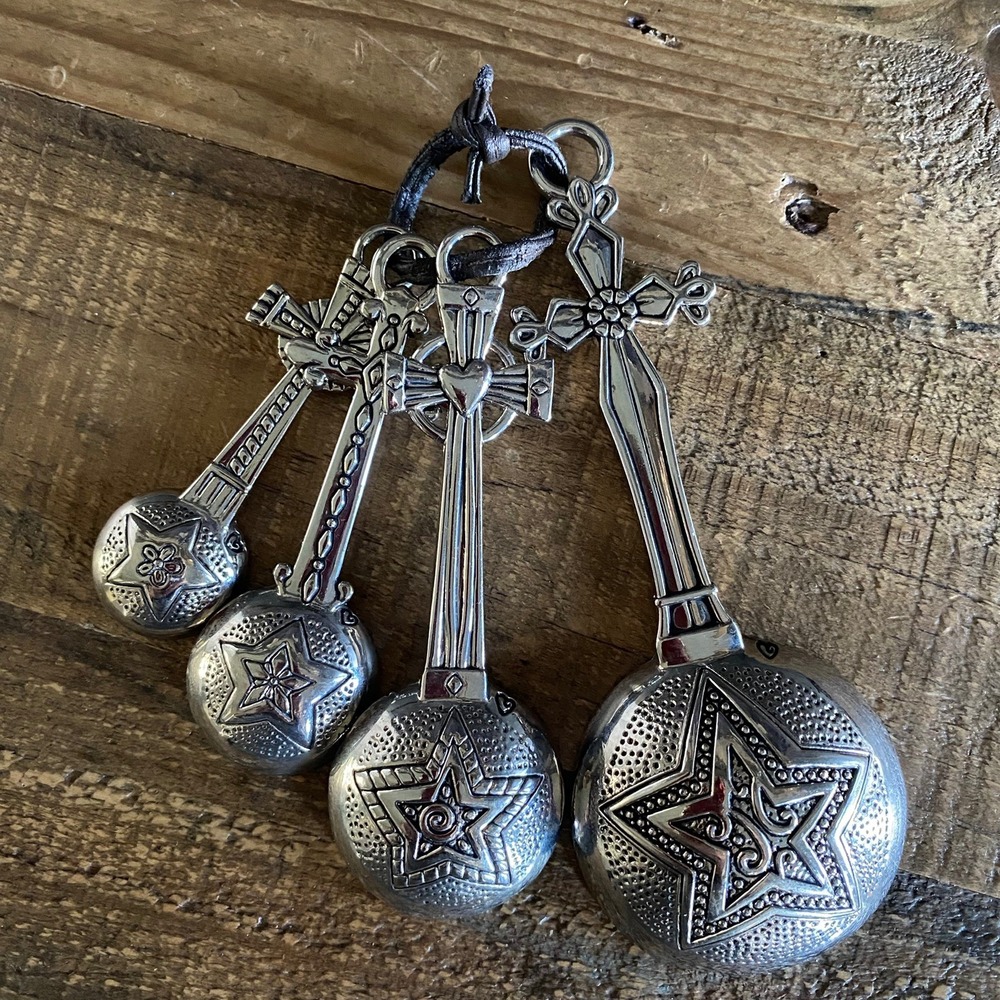 GANZ Silver Metal Measuring Spoons 4 pc Set Tbsp Tsp Cross Religious Faith Gift